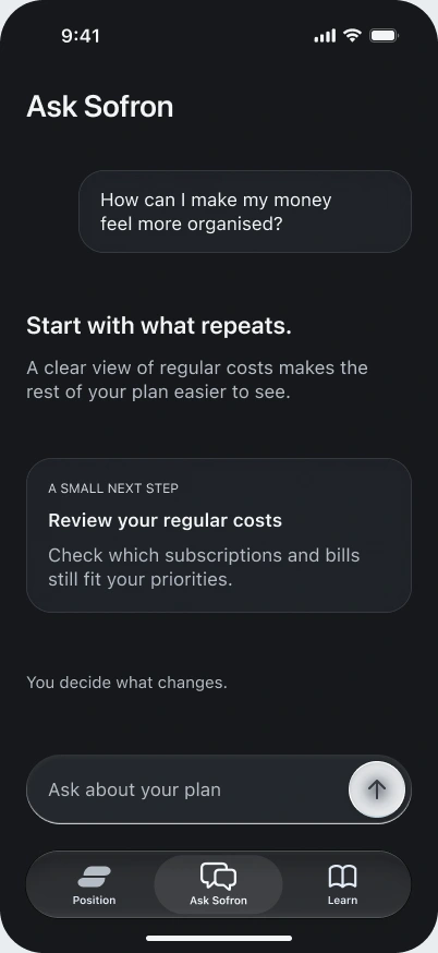 An example Sofron answer explains recurring costs and suggests reviewing subscriptions. You decide what changes.