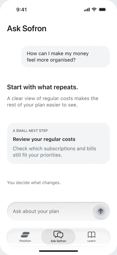 An example Sofron answer explains recurring costs and suggests reviewing subscriptions. You decide what changes.