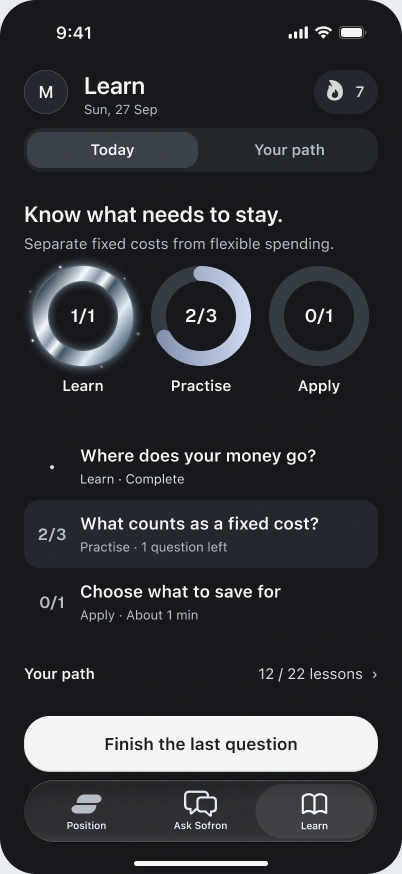 Learn, Practise, and Apply: a short lesson, recall questions, and a useful action. Today's activity is separate from your lasting learning path.