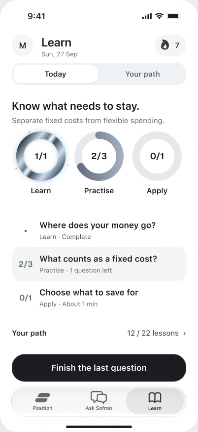 Learn, Practise, and Apply: a short lesson, recall questions, and a useful action. Today's activity is separate from your lasting learning path.