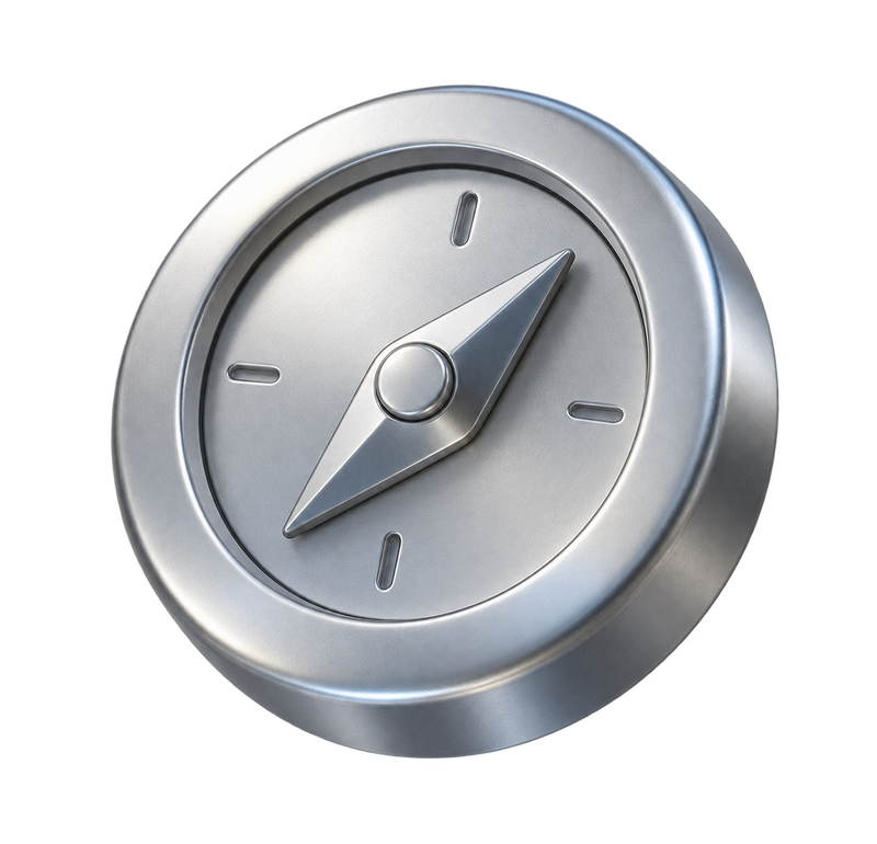 A satin silver compass, Sofron’s symbol for making a plan